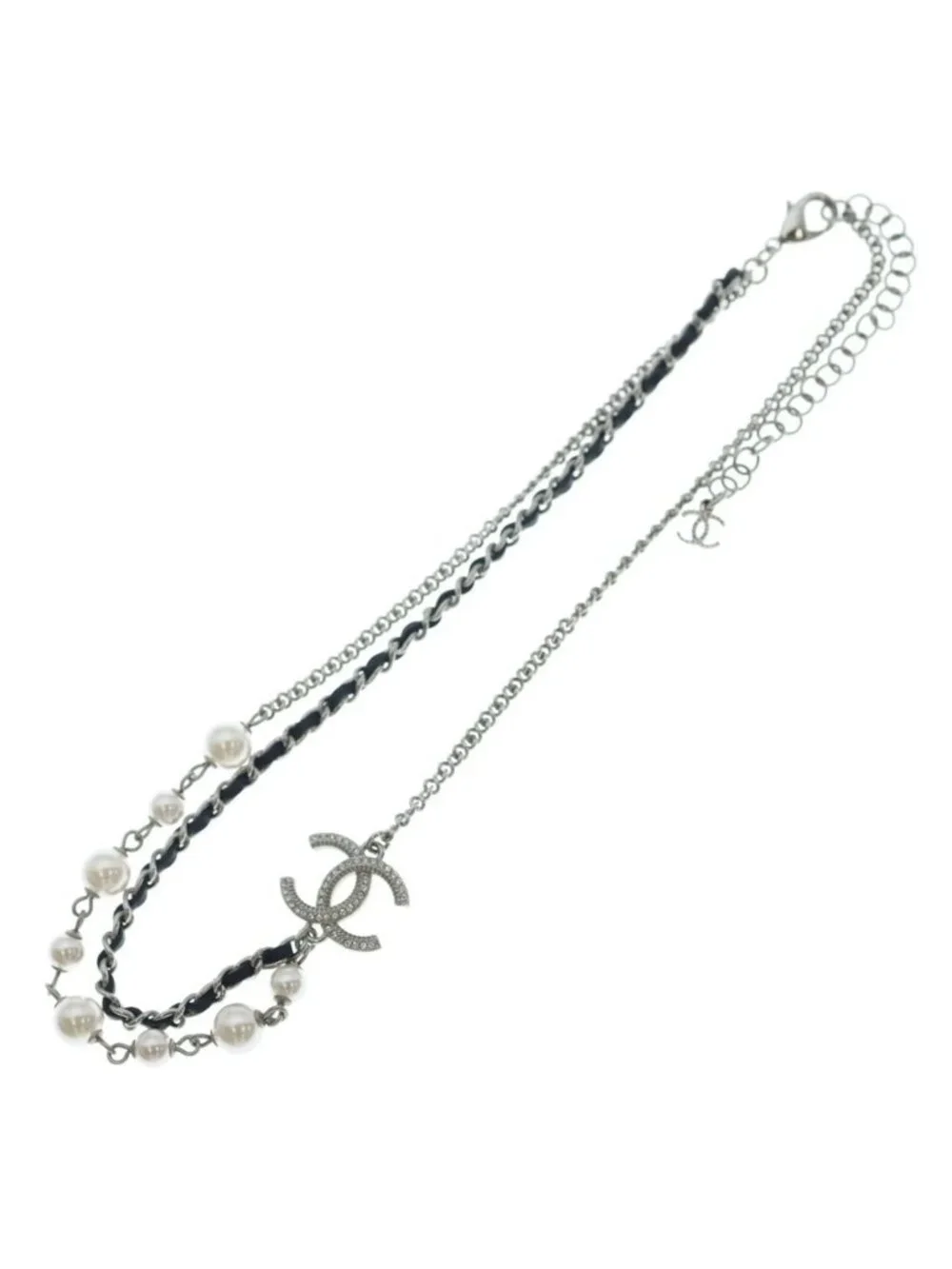 Chanel CC Logo Faux Pearl Rhinestone Leather Chain Necklace Choker Silver